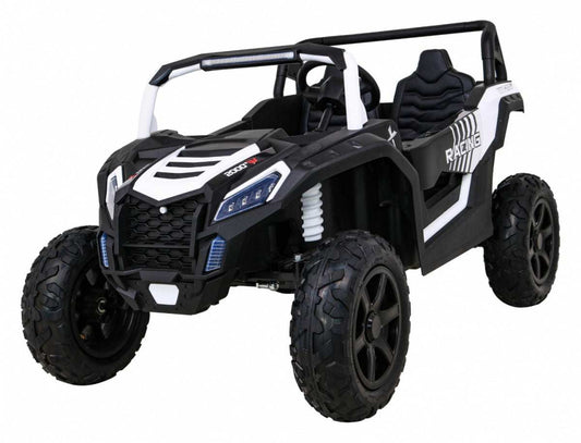 Czarny Buggy ATV STRONG Racing dla dwóch dzieci z wytrzymałymi pompowanymi kołami i LED-owymi światłami.
