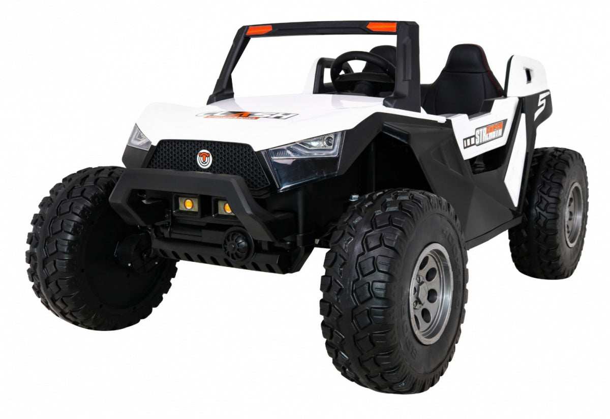 Biały Buggy Clash na akumulator 4x4 dla dwóch dzieci z LED światłami i pilotem zdalnego sterowania.