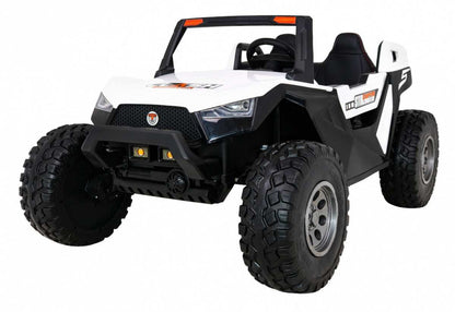 Biały Buggy Clash na akumulator 4x4 dla dwóch dzieci z LED światłami i pilotem zdalnego sterowania.