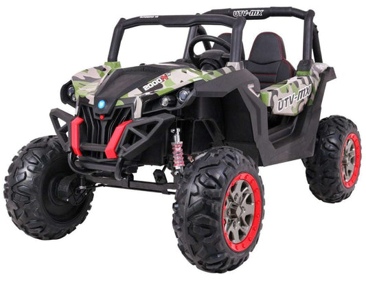 Buggy SuperStar Moro MP4 dziecięcy elektryczny 4x4 pojazd terenowy z camouflage i czerwonymi obręczami kół