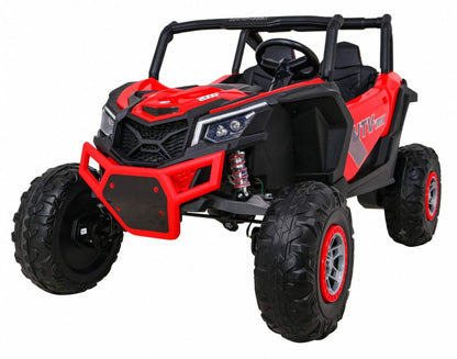 Czerwony buggy UTV-MX dla dzieci z napędem 4x4, amortyzacją i pilotem zdalnego sterowania.
