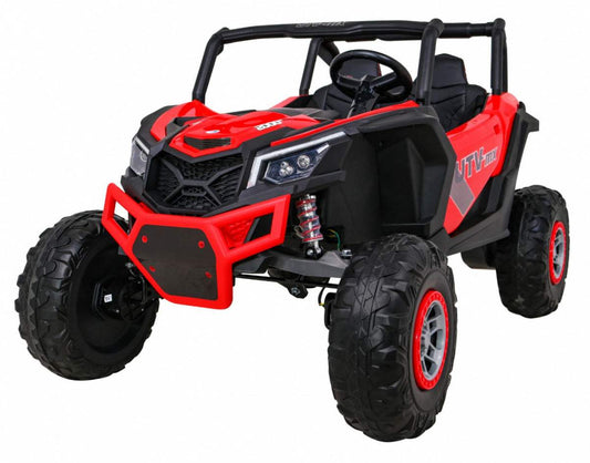 Czerwony buggy UTV-MX dla dzieci z napędem 4x4, amortyzacją i pilotem zdalnego sterowania.