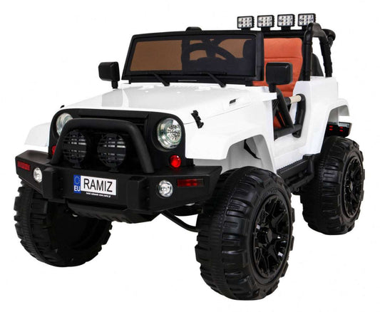 Biały terenowy dziecięcy jeep na akumulator z pilotem, światłami LED i dużymi kołami EVA, 12V, 2 silniki, do jazdy terenowej.