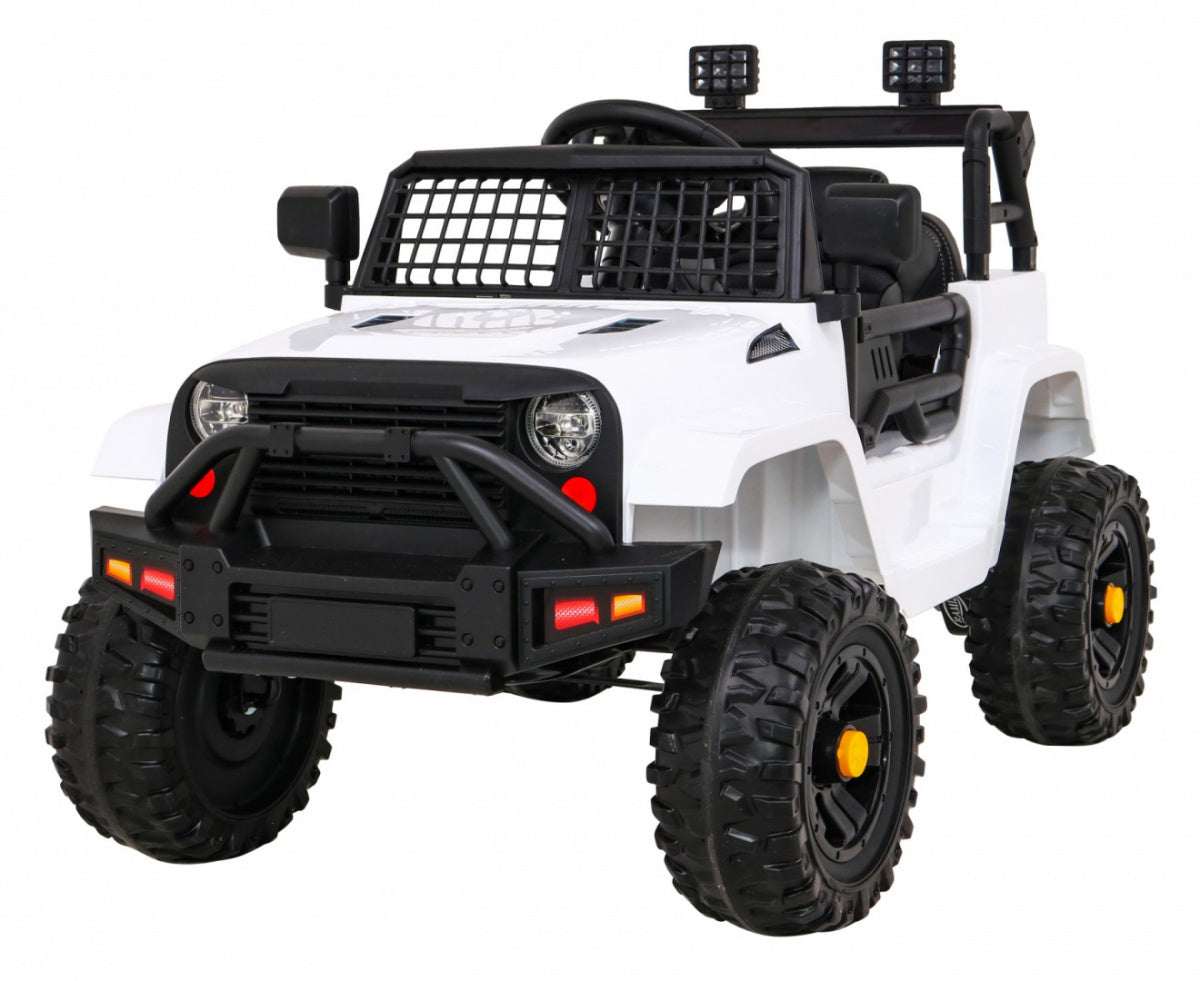White Jeep Dark Night electric kids ride-on car with off-road tires and LED lights