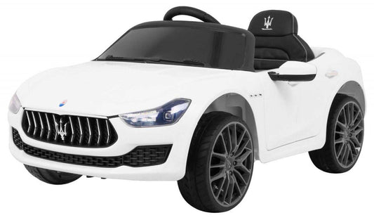 Biały dziecięcy samochód na akumulator Maserati Ghibli z pilotem, LED światłami i czarnym siedzeniem z ekoskóry