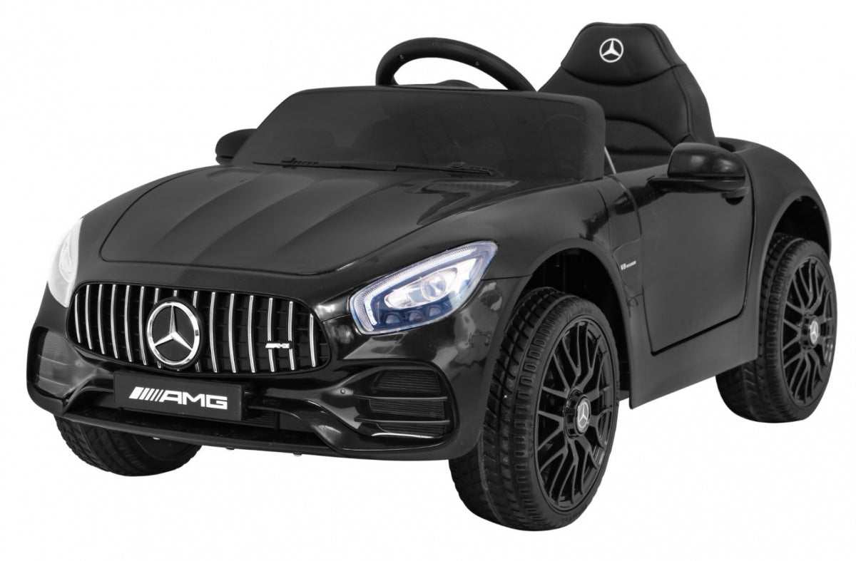 Black Mercedes Benz GT electric ride-on car for kids with LED lights, remote control, MP3 player, and realistic AMG design