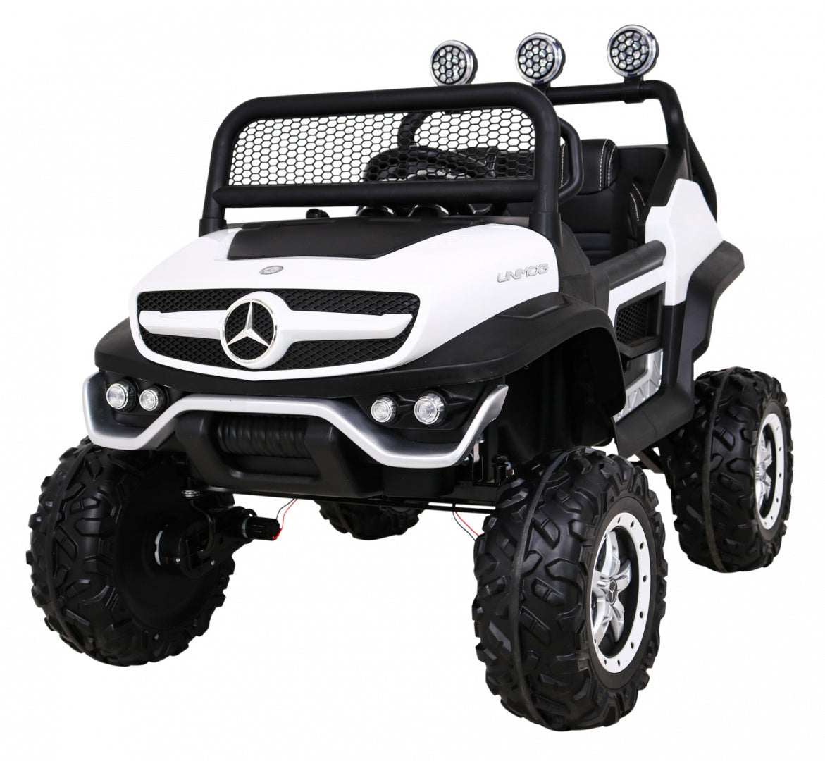 Mercedes Benz Unimog dziecięcy biały 4x4 elektryczny samochód z pilotem LED i MP3
