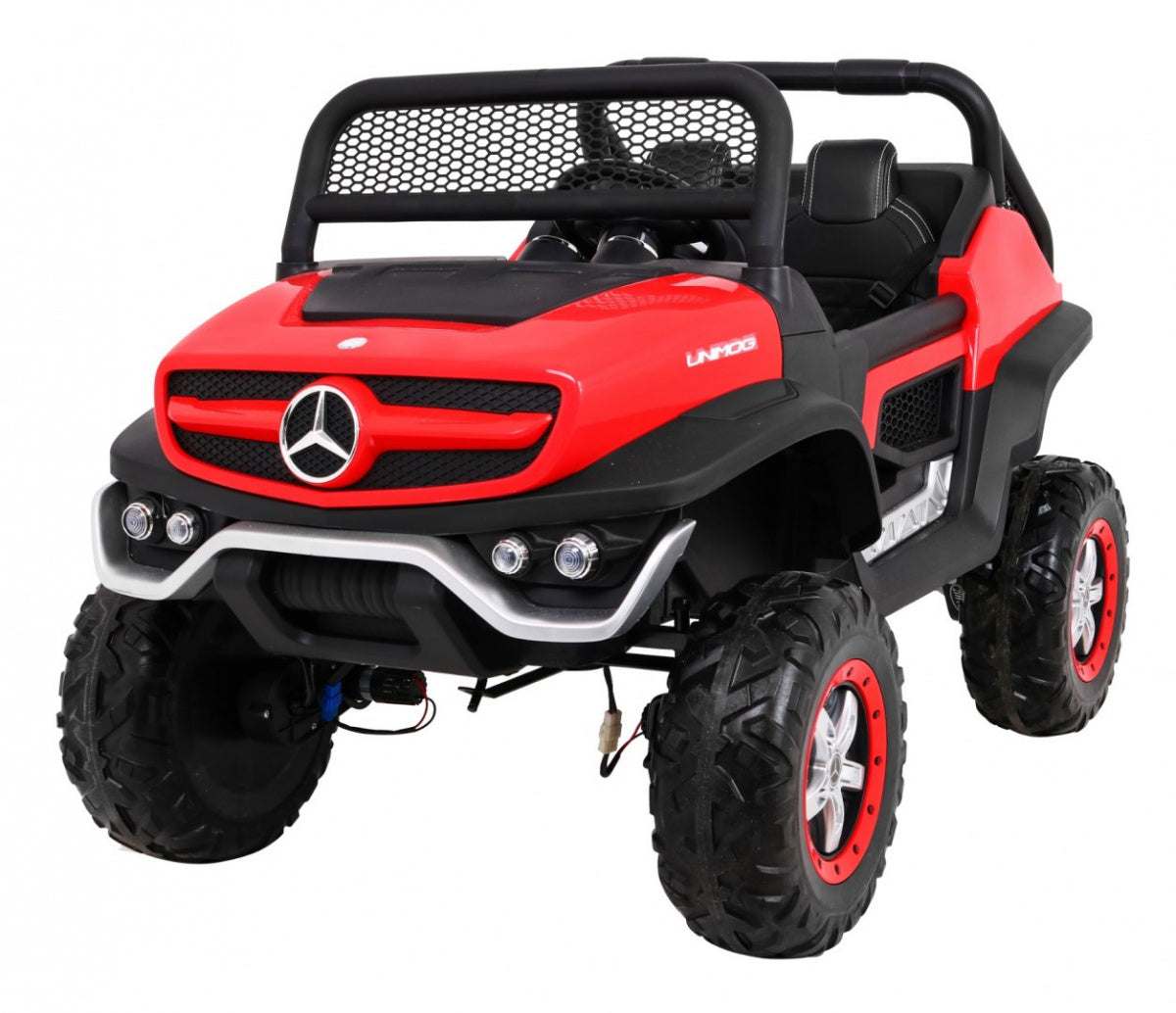 Red Mercedes Benz Unimog 4x4 kids electric ride-on car with large EVA tires and realistic off-road design