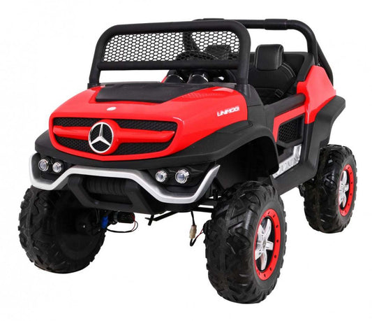 Red Mercedes Benz Unimog 4x4 kids electric ride-on car with large EVA tires and realistic off-road design
