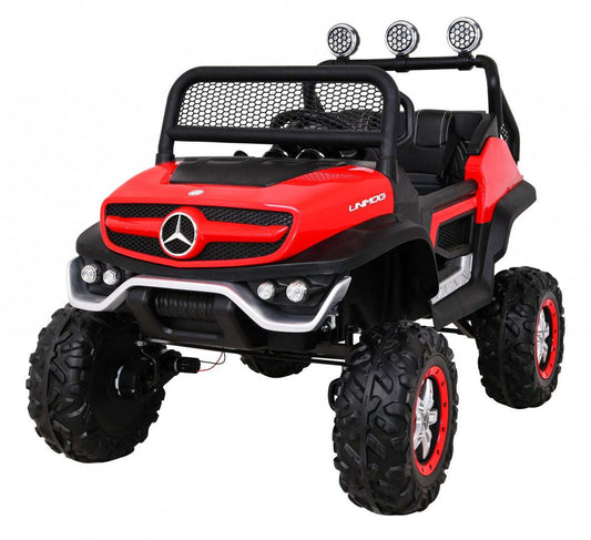 Czerwony dziecięcy Mercedes Benz Unimog 4x4 z pilotem i off-roadowymi kołami EVA