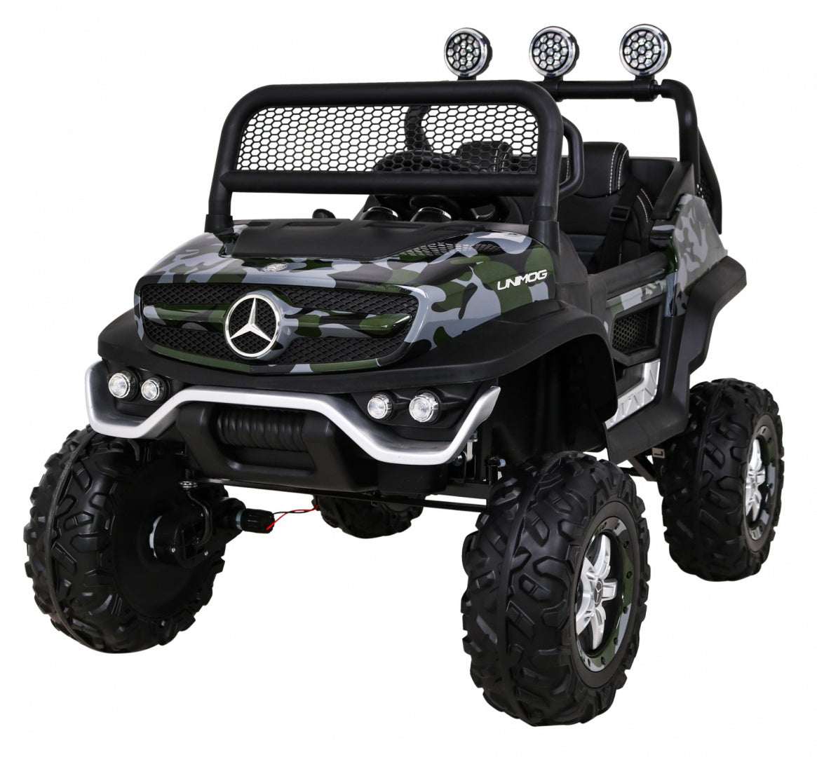 Mercedes Benz Unimog 4x4 kids electric ride-on toy with camouflage paint, LED lights, MP3, and remote control.