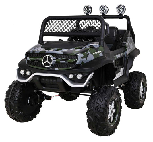 Mercedes Benz Unimog 4x4 kids electric ride-on toy with camouflage paint, LED lights, MP3, and remote control.