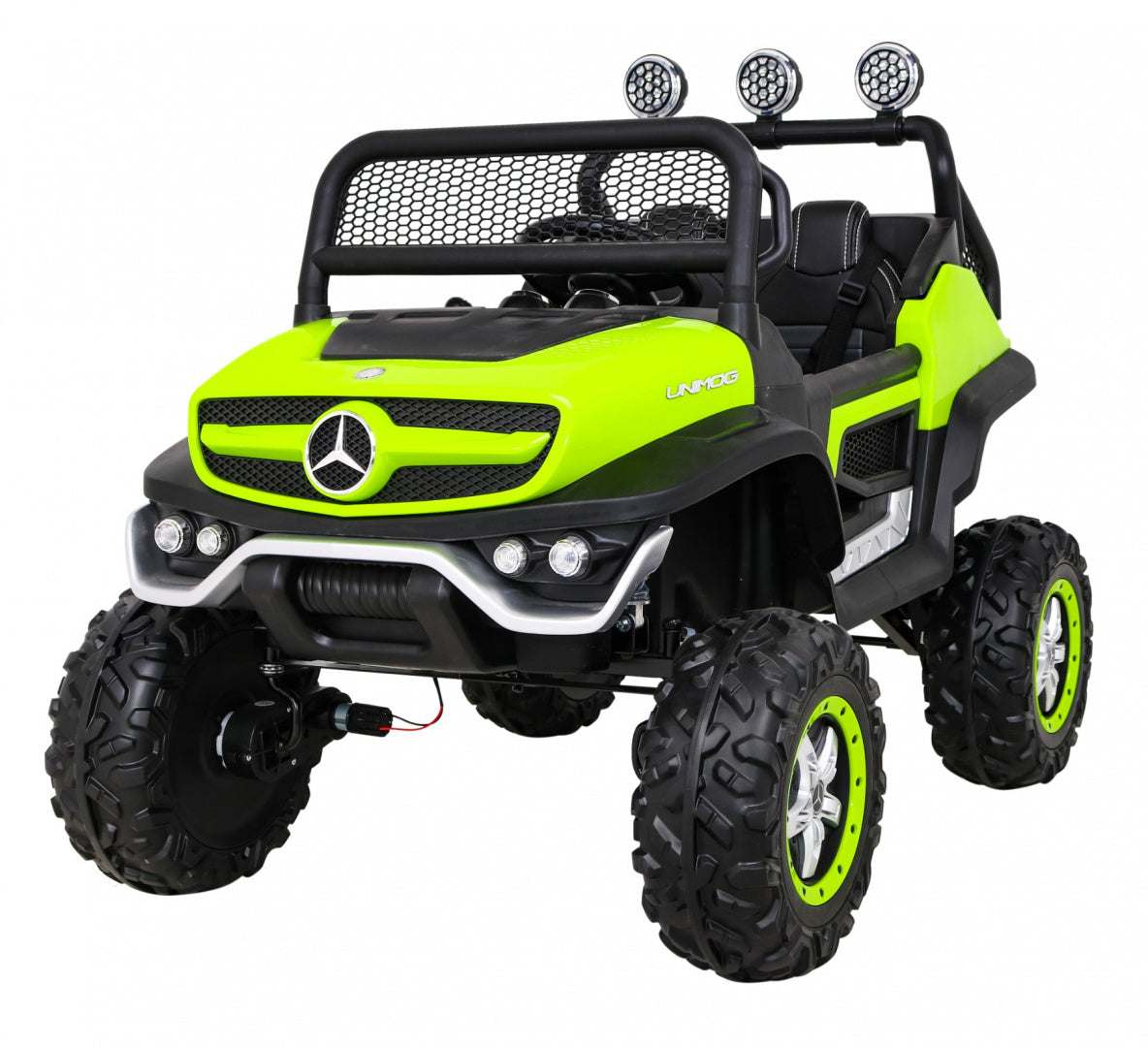 Mercedes Benz Unimog zielony pojazd 4x4 dla dzieci z ekoskórzanym siedzeniem i zdalnym sterowaniem