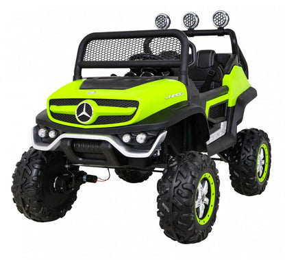 Mercedes Benz Unimog zielony pojazd 4x4 dla dzieci z ekoskórzanym siedzeniem i zdalnym sterowaniem