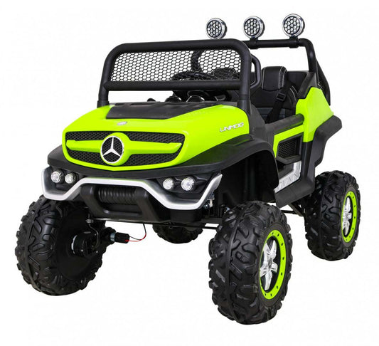 Mercedes Benz Unimog zielony pojazd 4x4 dla dzieci z ekoskórzanym siedzeniem i zdalnym sterowaniem