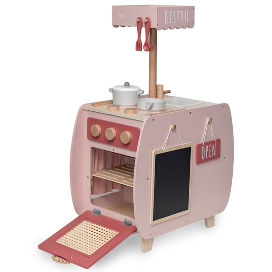 Label Label pink wooden kitchen bistro playset for kids with accessories and open oven door
