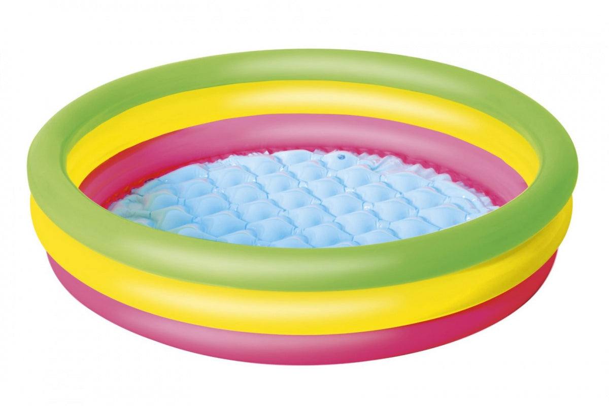 Dmuchany Basen Dla Dzieci tęczowy brodzik 102x25 cm z miękką podłogą i trzema dmuchanymi komorami od BESTWAY