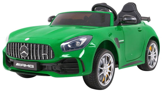 Green Mercedes-Benz GT R electric 4x4 kids ride-on car with two seats and realistic AMG design