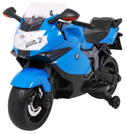 Niebieski elektryczny motocykl na akumulator BMW K1300S dla dzieci z dodatkowymi kołami pomocniczymi i efektami świetlnymi LED.