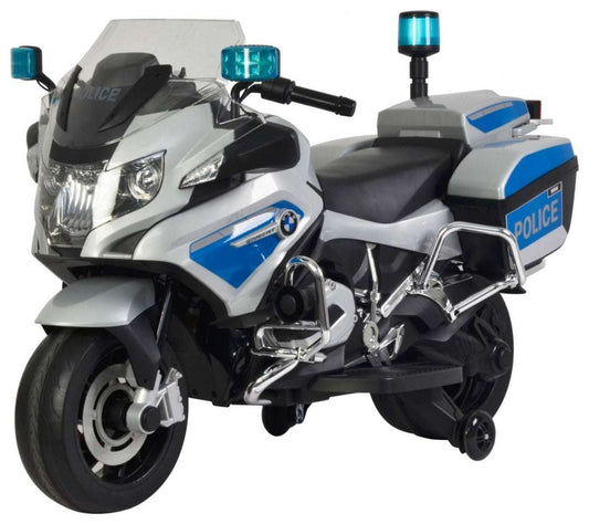 BMW R1200RT Policja dziecięcy elektryczny motor z LED światłami i dźwiękami, wolny start, trzy prędkości, koła EVA, kogut policyjny, stabilne kółka pomocnicze.