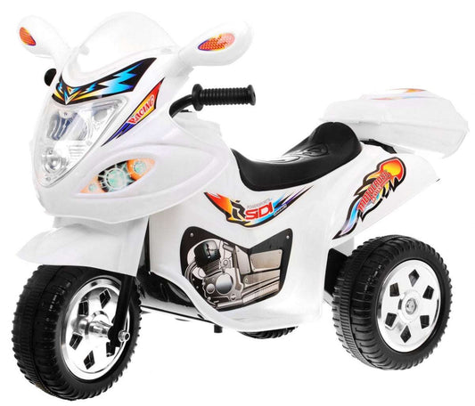 Motorek Trójkołowy BJX088 elektryczny biały dla dzieci z efektami dźwiękowymi i świetlnymi, stabilny i lekki pojazd trójkołowy dla najmłodszych.