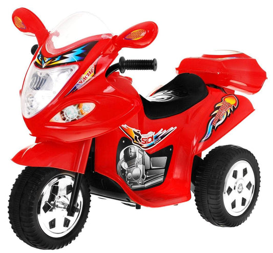Motorek Trójkołowy BJX czerwony elektryczny dla maluchów z dźwiękami i światłami, stabilna konstrukcja, rozwija koordynację, 18W silnik, 6V akumulator.