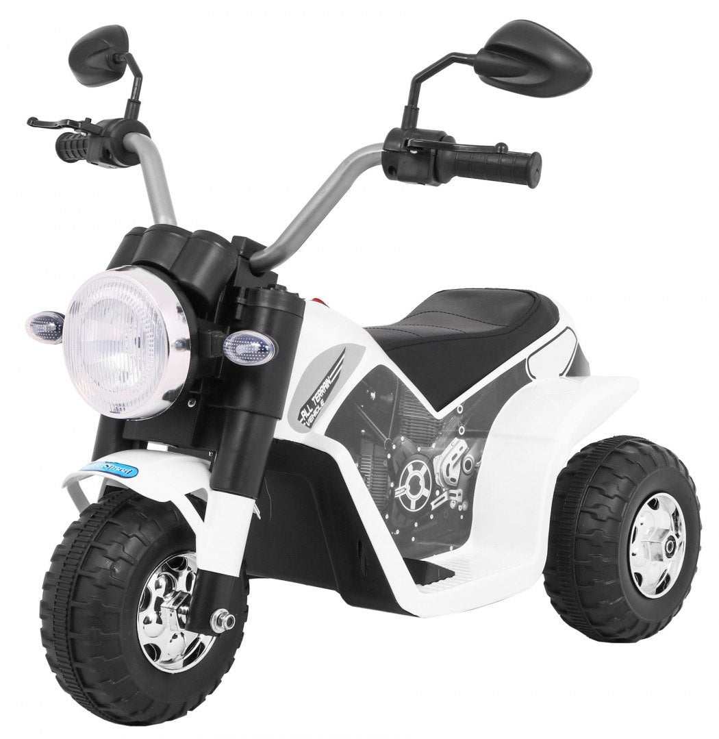 Biały Motorek MiniBike na akumulator dla dzieci z dźwiękami silnika, LED i siedziskiem z ekoskóry