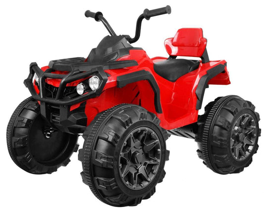 Red children's Quad ATV with 2.4GHz remote, EVA wheels, LED lights, and MP3 player