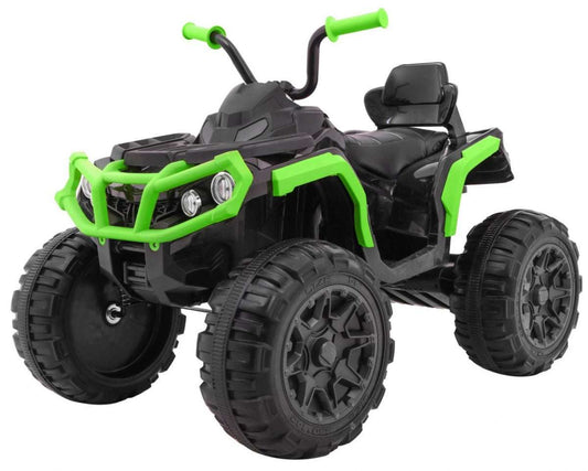 Czarno-zielony Quad ATV dla dzieci z kołami EVA, LED, MP3 i wolnym startem do bezpiecznej jazdy i zabawy na świeżym powietrzu.