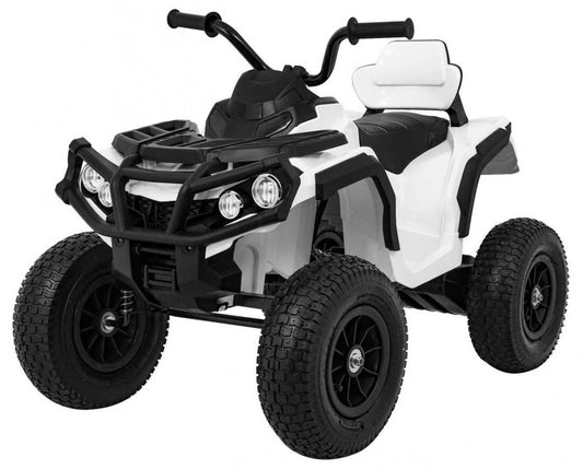 Biały Air Quad ATV dla dzieci z pompowanymi kołami, radiem MP3 i LED-światłami, bezpieczny pojazd na akumulator.
