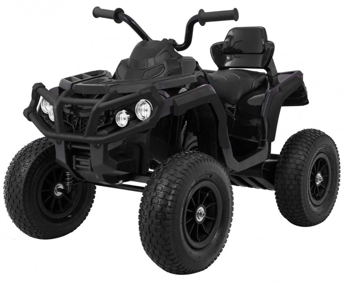 Czarny Quad ATV dla dzieci z pompowanymi kołami, dwoma silnikami, amortyzacją i radiem MP3.