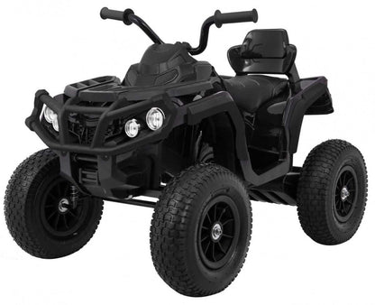 Czarny Quad ATV dla dzieci z pompowanymi kołami, dwoma silnikami, amortyzacją i radiem MP3.