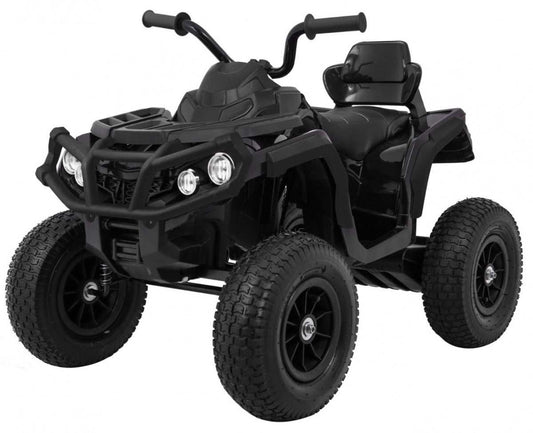 Czarny Quad ATV dla dzieci z pompowanymi kołami, dwoma silnikami, amortyzacją i radiem MP3.