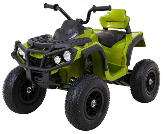 Zielony quad ATV dla dzieci z kołami pompowanymi i radiem MP3, napęd 12V, amortyzacja, LED światła.