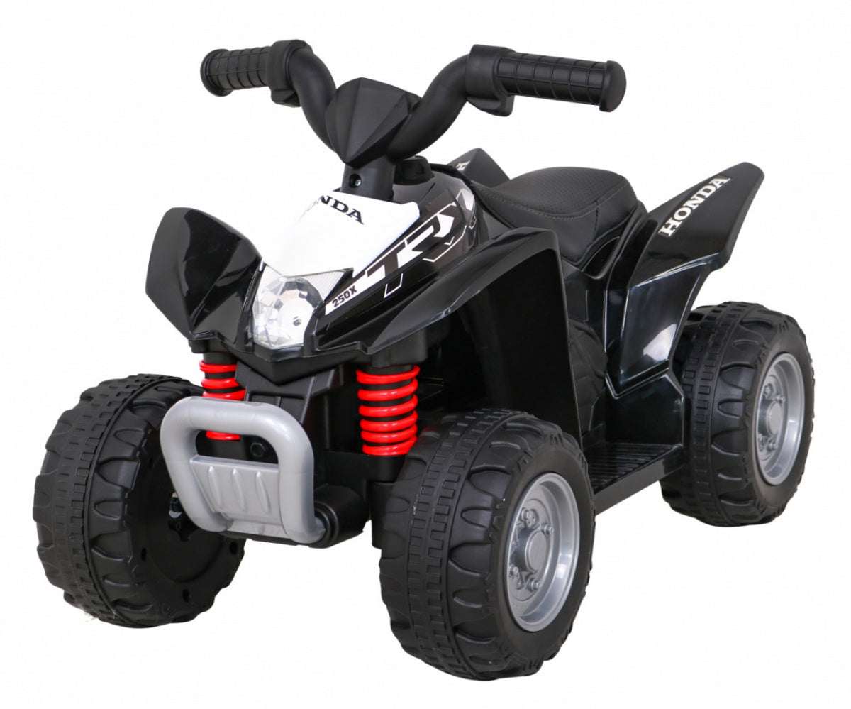 Black Quad Honda 250X TRX electric kids ride-on with LED lights, horn, eco-leather seat, and compact design
