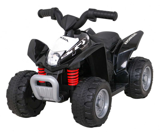 Black Quad Honda 250X TRX electric kids ride-on with LED lights, horn, eco-leather seat, and compact design