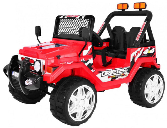 Raptor Drifter na akumulator dla dzieci czerwony terenowy pojazd z pilotem zdalnego sterowania i efektami świetlnymi.