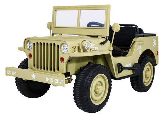 Autko Wojskowe Retro Matcha 4x4 pojazd na akumulator dla 3 dzieci z wojskowym designem i napędem zmiennym.
