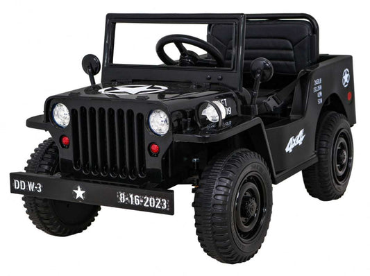 czarne autko wojskowe retro dla dzieci z napędem 4x4 i zasilaniem 12V, stylowy pojazd terenowy z ekoskórzanym siedzeniem