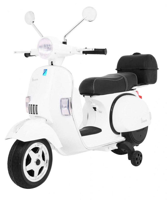 Biały Vespa elektryczny skuter dla dzieci z dodatkowymi kółkami i systemem audio