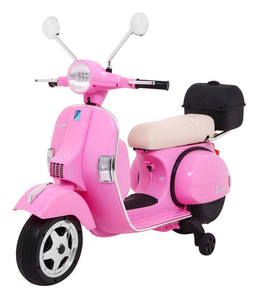 Różowy Vespa elektryczny skuter dla dzieci z kółkami pomocniczymi i systemem audio
