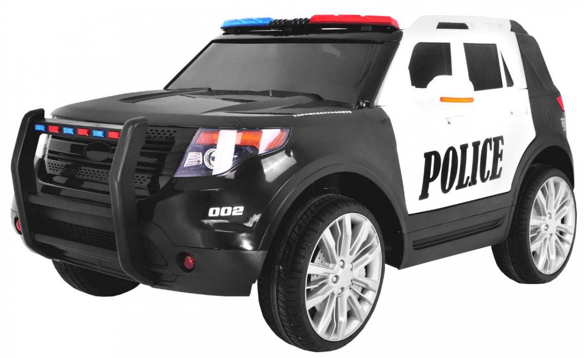 Dziecięcy policyjny samochód na akumulator z syreną, megafonem i pilotem zdalnego sterowania, SUV w czarno-białym designie z LED światłami.