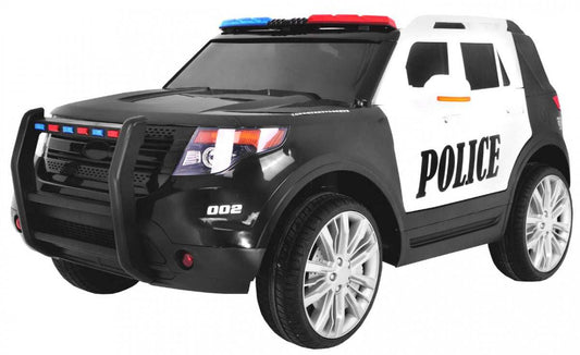 Dziecięcy policyjny samochód na akumulator z syreną, megafonem i pilotem zdalnego sterowania, SUV w czarno-białym designie z LED światłami.