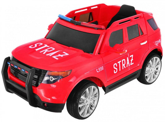 Czerwony dziecięcy SUV Straż Pożarna na akumulator z syrenami, światłami LED i pilotem zdalnego sterowania