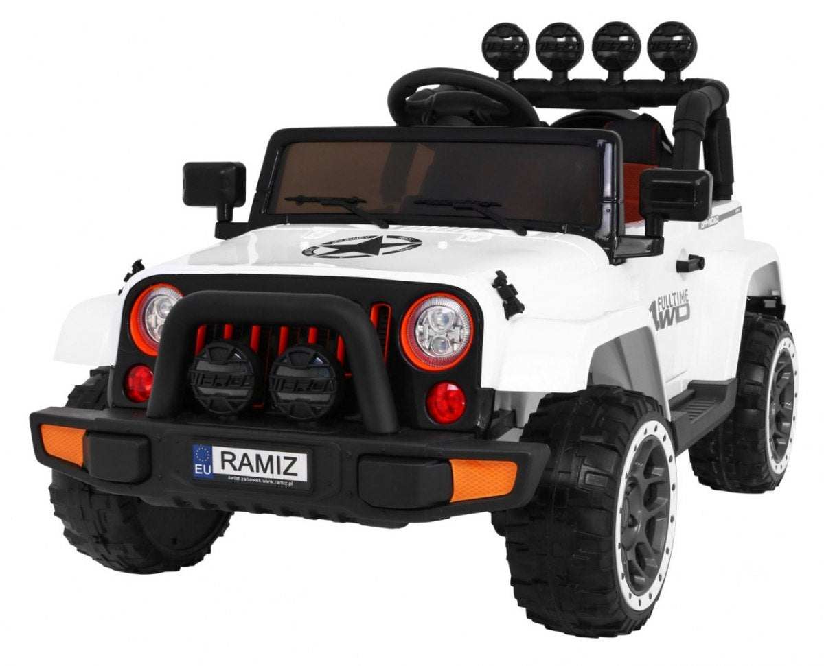 Białe auto terenowe dla dzieci 4x4 z pilotem LED i schowkiem do zabawy na zewnątrz
