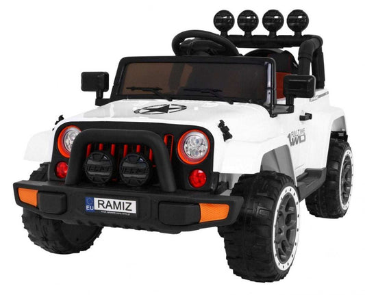 Białe auto terenowe dla dzieci 4x4 z pilotem LED i schowkiem do zabawy na zewnątrz