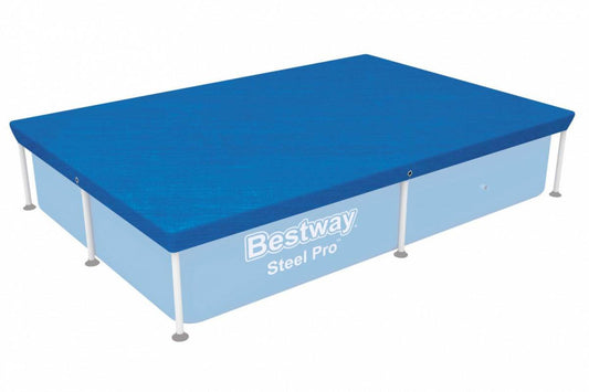 Pokrywa Basenu Stelażowego Bestway 221x150 niebieska z otworami spustowymi i linkami zabezpieczającymi, trwała pokrywa PE do basenu Steel Pro.