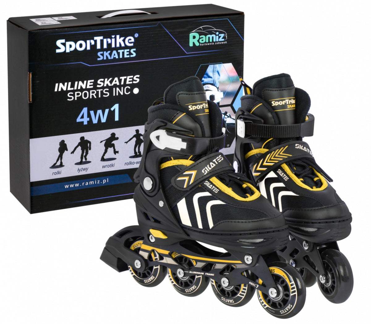 Rolki 4w1 dla dzieci rozmiar 29-33 regulowane inline skates żółto-czarne zestaw bezpieczny