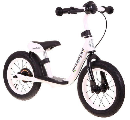 Biały rowerek biegowy SporTrike Balancer dla dzieci z pompowanymi kołami i ergonomicznym siodłem, idealny do nauki równowagi.