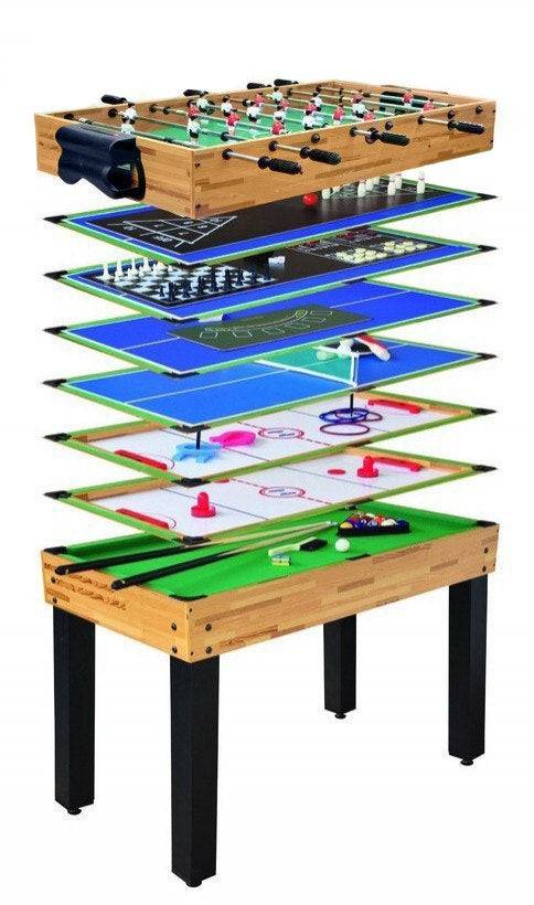 Stół do gier 12w1 z bilardem, piłkarzykami, air hockey, tenisem stołowym i grami planszowymi dla dzieci i dorosłych